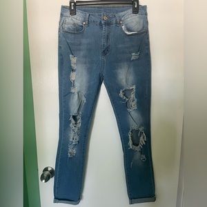 KUNMI Women's Ripped Mid Waisted Boyfriend Jeans - Size Large